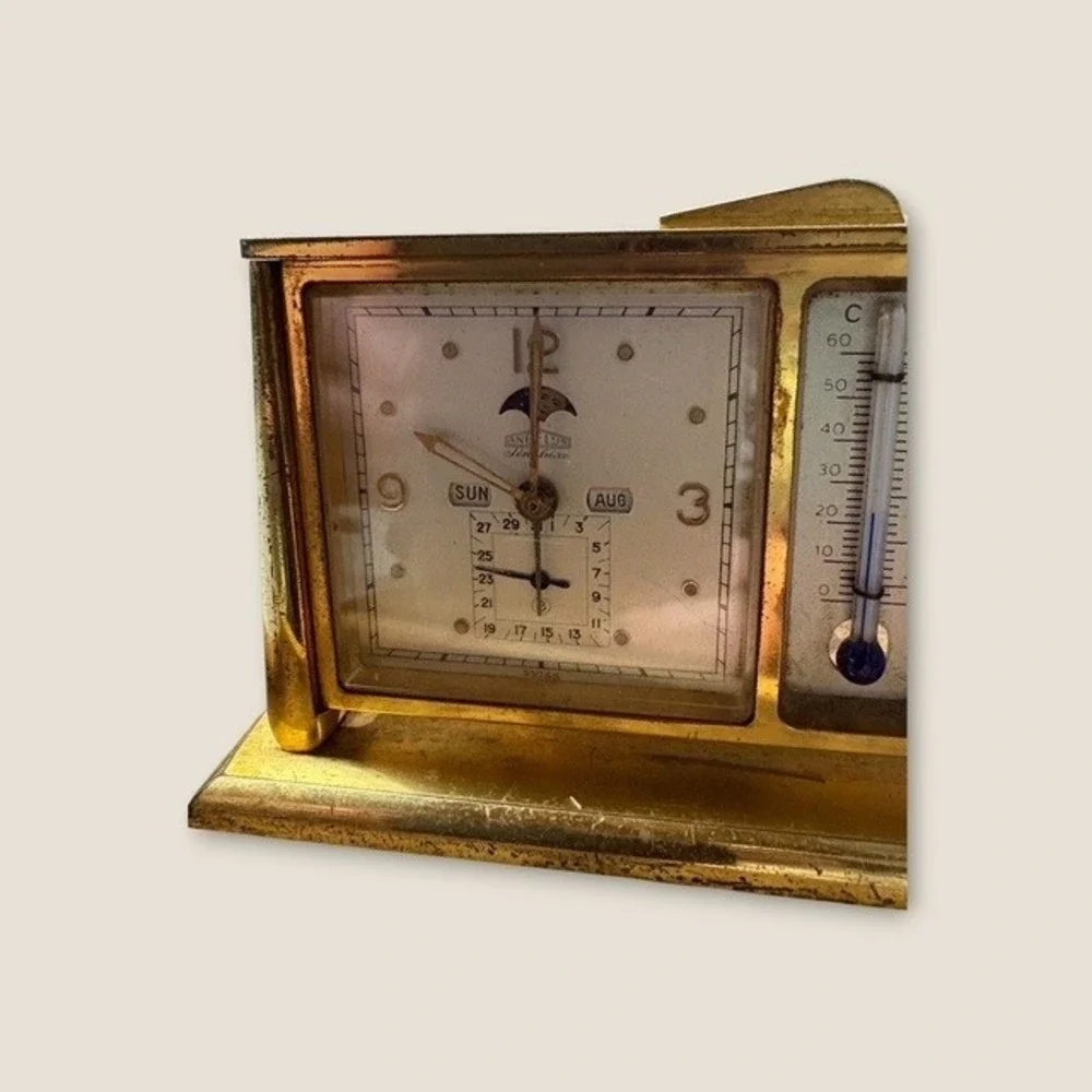 VTG Angelus Swiss Weather Station Moon Phase Clock Barometer Thermometer Brass